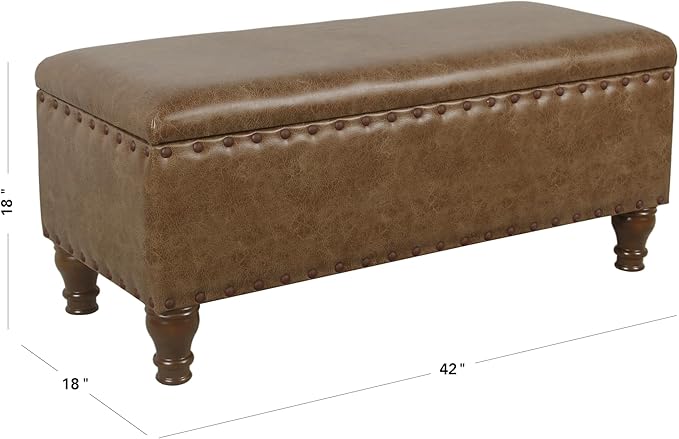 Homepop Home Decor | Upholstered Bench with Nailhead Trim | Large Faux Leather Ottoman with Storage for Living Room & Bedroom | Decorative Home Furniture, Brown Faux Leather