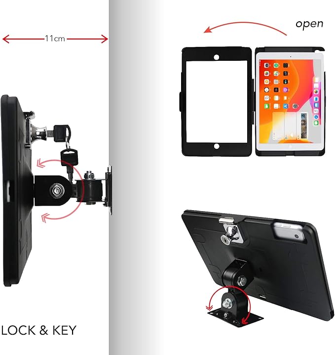 Tablet On Wall Mount Bracket for iPad 10.2-Inch (9th,8th,7th Gen.),with Anti Theft Security Lock and Key, Rotate Design Arbitrary Adjustment,Multi Angle,Metal,(Black)