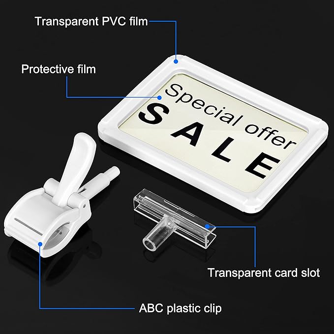 Acrylic Sign Holder with Clamp, 6 x 9 Inch Double Head Display Clips with PVC Card Protector, Rotating Sign Price Tag Clip On Sign Display for Hangrails or Tubes (Pack of 7) (White)