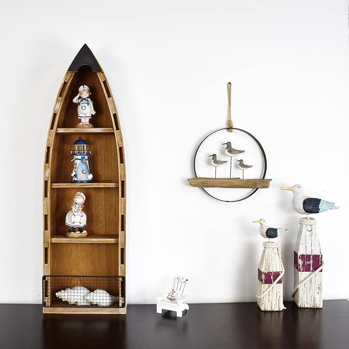 Wood Hanging Boat Shelf Nautical 4-Tiered Shelves for Living Room Bathroom Bedroom - Beach Themed Decorative Bookcase Wooden Wall Art Ornament Display Shelf Rustic Coastal Home Decor