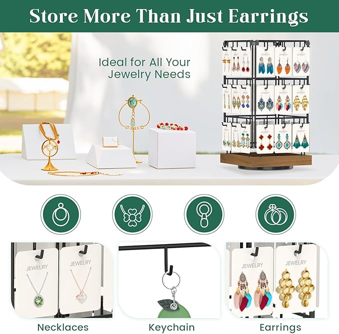 EsLuker.ly Rotating Earring Display Holder Stand for Vendors Events Selling, Large Capacity 36 Hooks Jewelry Rack with Wooden Base for Earring Card Sales, Enhances Retail Visibility(Brown)