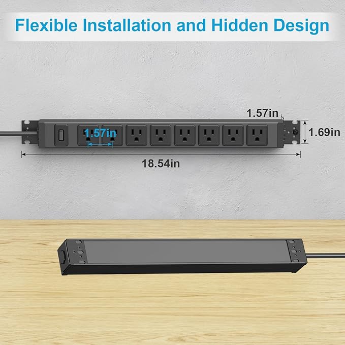 HHSOET 2 Pack Metal 360° Rotating Mountable Power Strip, 8 Outlet Gaming Table Mounted Outlet Strip, Heavy Duty Wall Mount Surge Protector with Switch, 15A 125V 1875W, 3ft Power Cord.(Black)
