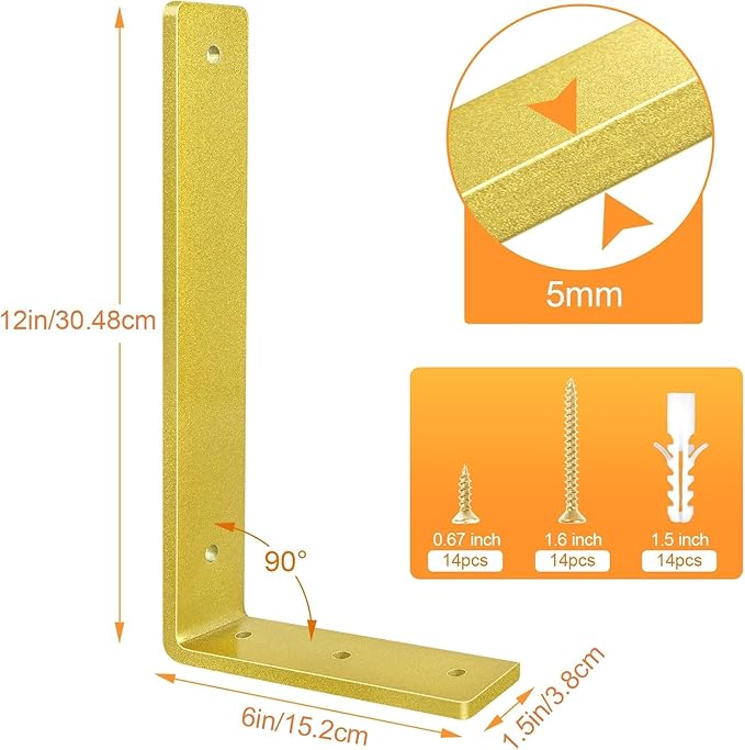 Gold Floating Shelf Bracket 12 Inch, 6 Pack Heavy Duty Shelf Brackets, Wall Shelf Bracket for DIY Decorative with Mounting Hardware