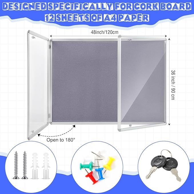 2 Pack Enclosed Bulletin Board 48"x36" Weather Resistant Lockable Enclosed Notice Cork Case Display Board Wall Mounted 2 Locking Door Aluminum Frame for Office School Commercial, 12xA4(Gray)
