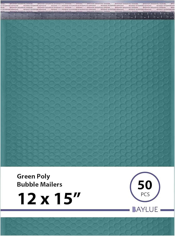 Green Large Poly Bubble Mailers 12x15 inch | Self Seal Padded Envelopes Cushioned Bubble Mailer | Usable Size 12x15 | WaterProof | Lightweight mailing Shipping Bags | 50 Pack Bulk