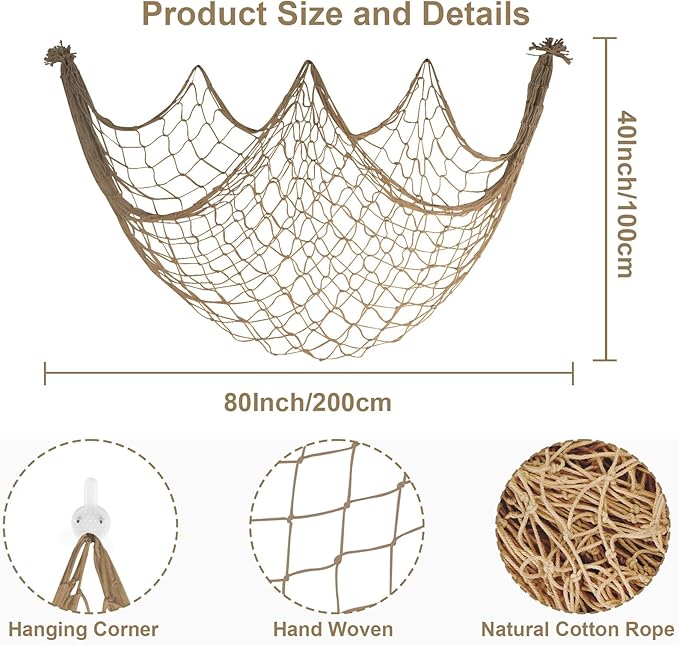 2 Pack Fish Net Decorations - 80x40 Inch Brown Fishing Net Decor for Under The Sea Hawaiian Beach Themed Party, 3mm Thick Natural Cotton Versatile Nautical Netting for Party Wall Table Ceiling Decor