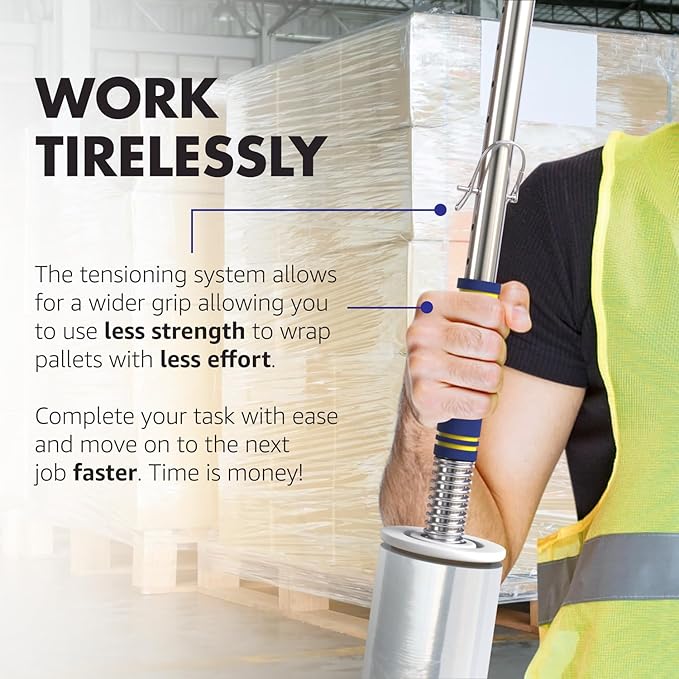 Heavy Duty Stretch Film Dispenser Pole Holder - Extra Long High Reaching Industrial Handle for Stretch Wrapping - Fits Rolls 2" to 3" Diamater Cores & Lengths from 12" to 24" - Pallet Wrap