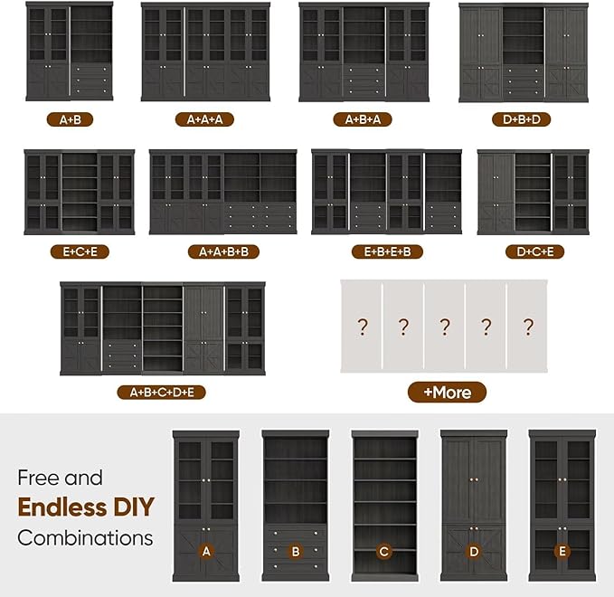 Vyre 70.8" Tall Black Bookshelf with Glass Doors, Farmhouse Modular Bookcase with 6-Tier Adjustable Shelves, Large Storage Cabinet for Home Office, Living Room, Set of 4