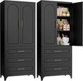 Metal Kitchen Pantry Storage Cabinet with 3 Drawers，75 Inch Black Food Pantry Cabinets for Kitchen Storage with 2 Adjustable Shelves,Tall Storage Cupboard for Living Room,Dining Room Office