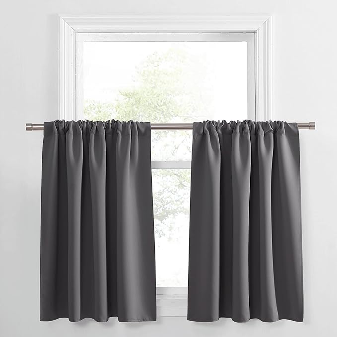 PONY DANCE Grey Short Window Curtains for Kitchen 36 inch Long, 2 Panels Set Half Window Drapes for Bedroom Basement, Blackout Small Curtains for Travel Trailers, Width 34 x Length 36 inches