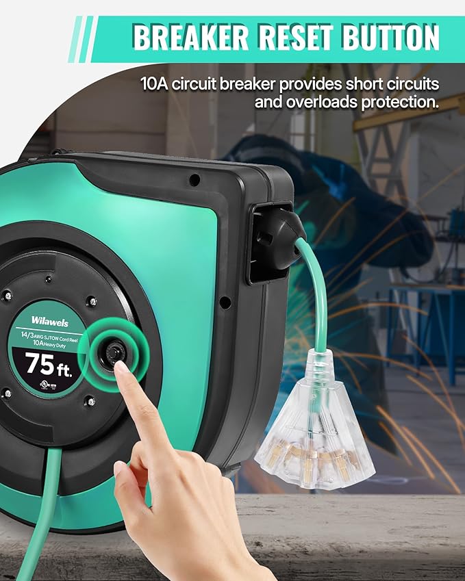 Retractable Cord Reel, 75 FT Heavy Duty Extension Cord, 14AWG/3C SJTOW, 3 Grounded Outlets Lighted Triple Tap, 10A Circuit Breaker, Wall/Ceiling Mounted, UL Listed, Light Green A75CR06