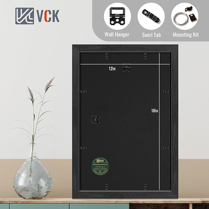 VCK 12x18 Frame 2 pk, Solid Wood Poster Frame & HD Glass | Display Picture 11x17 with Mat or 12x18 without Mat | Black