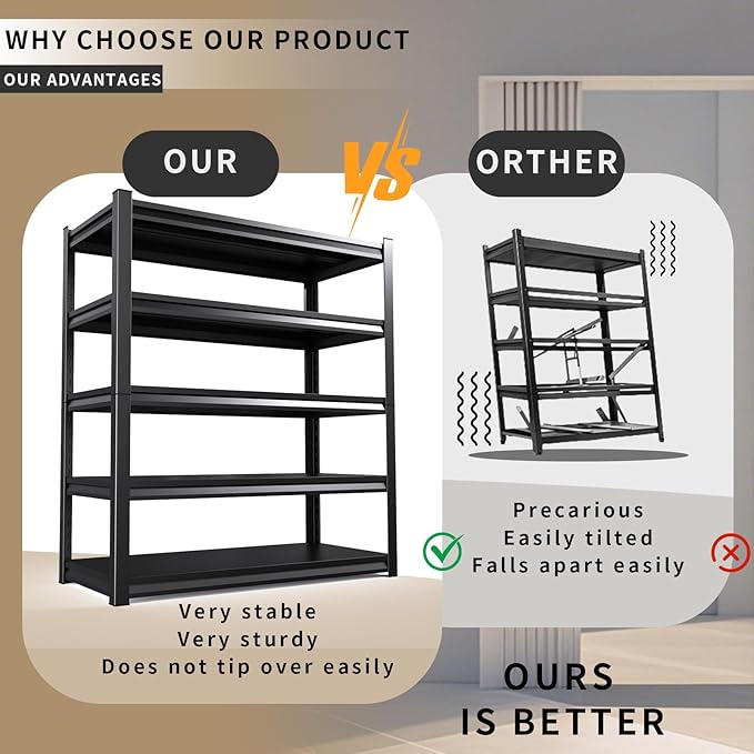 2 Pack Garage Shelving Heavy Duty Storage Shelves 3000LBS Adjustable Garage Shelves 5 Tier Metal Shelving Unit Utility Rack Shelf for Storage Kitchen Warehouse Pantry, 72 "H x 45.7 "W x 19.7" D