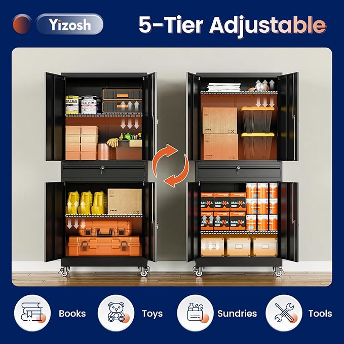Yizosh Metal Garage Storage Cabinet with Locking Doors and Adjustable Shelves, 73" Rolling Tool Storage Cabinet with 4 Wheels and 1 Drawer for Garage,Warehouse (Black)