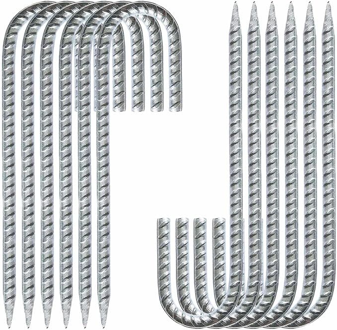 Heavy Duty Rebar Stakes 12-Pack 12-Inch - Hot-Dip Galvanized J-Hook Ground Anchors for High Winds, Trampoline, Fencing, Landscape Fabric - Forged Tip for Rocky & Hard Soil