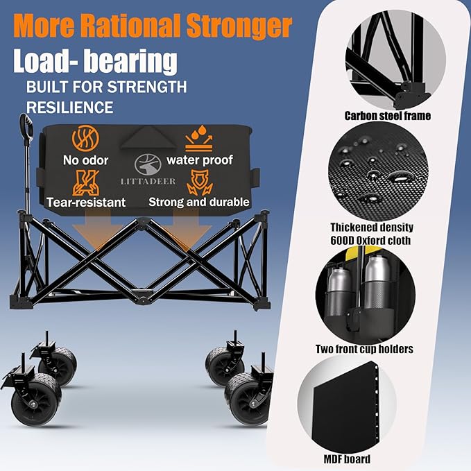 Wagons carts Foldable with Silent All-Terrain Wheels, Collapsible Heavy Duty Beach Wagon with Cup Holders and Brakes, Large Foldable Wagon for Camping,Garden,Shopping,Sports Black