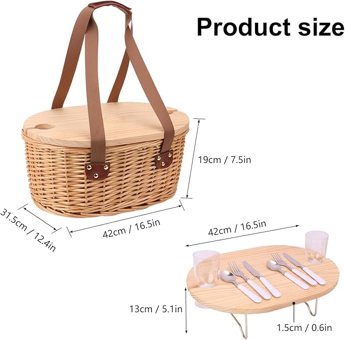 Wicker Picnic Basket Set for 2 Person with Mini Folding Table and Insulated Cooler Bag, Picnic Basket with Woven Handle Design & Tableware Accessories, Woven Oval Picnic Basket for Outdoor