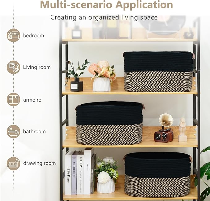 Cotton Rope Basket, Storage Baskets with Handle, 15x10x9 Inch Woven Basket for Shelves, Laundry, Towels, Clothes, Books, (Black Brown 3 Pack)