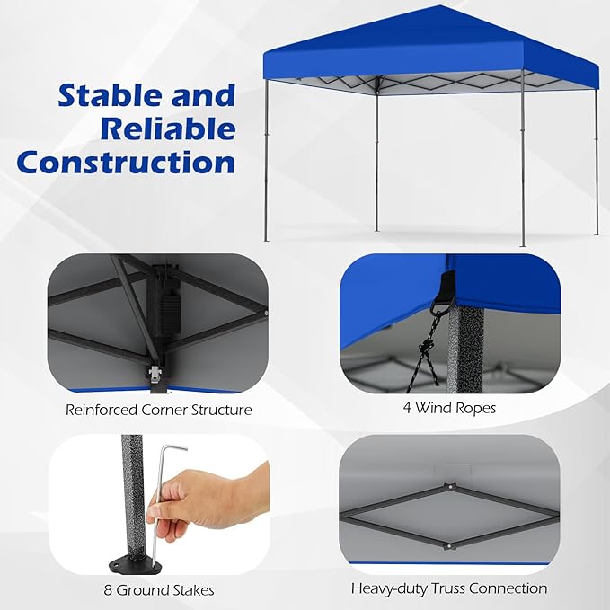 Tangkula 10x10 FT Pop Up Canopy, UPF50+ Portable Outdoor Tent with 8 Stakes, 4 Wind Ropes, Carrying Bag, Foldable Canopy Tent for Beach Party Event Camping