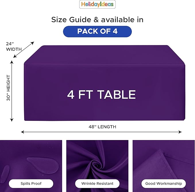 HolidayIdeas Fitted Tablecloths for 4 Foot Rectangle Table, Wrinkle Resistant Washable Table Cover 24x48 Inch for Vendor Booth Display, Banquet, Trade Show, Purple, 4 Pcs
