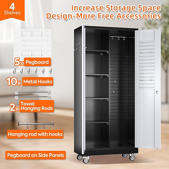 Aobabo Metal Broom Closet Storage Cabinet on Wheels and 2 Lockable Doors, Steel Cleaning Tools Cabinet for Garage with Pegboards and Hooks,Black,Assembly Required