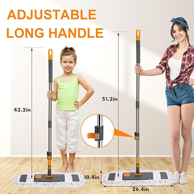 MASTERTOP Dust Mop for Floor Cleaning, Microfiber Floor Mop with 2 Washable Pads, Height Adjustable Long Handle, 24.6'' Dry and Wet Flat Mop for Hardwood, Laminate, Tile, Marble