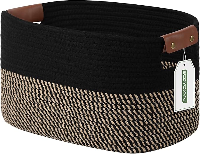 Cotton Rope Basket, Storage Baskets with Handle, 15x10x9 Inch Woven Basket for Shelves, Laundry, Towels, Clothes, Books, (Black Brown 1 Pack)