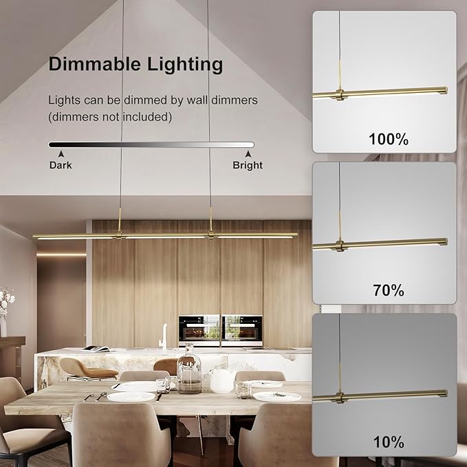 EDISLIVE Modern Linear LED Island Light Dimmable LED Chandelier 47.24 in Adjustable Linear Hanging Light Fixture 3000K 20W Pendant Light for Dinning Room Kitchen，Gold