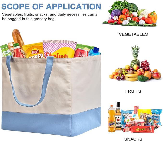 Reusable Grocery Bags Heavy Duty, 8.3 gal Foldable Large Canvas Tote Bag with Handles, Holds 60 lbs Canvas Shopping Bags, 3 Pack（Off White+Light Blue）
