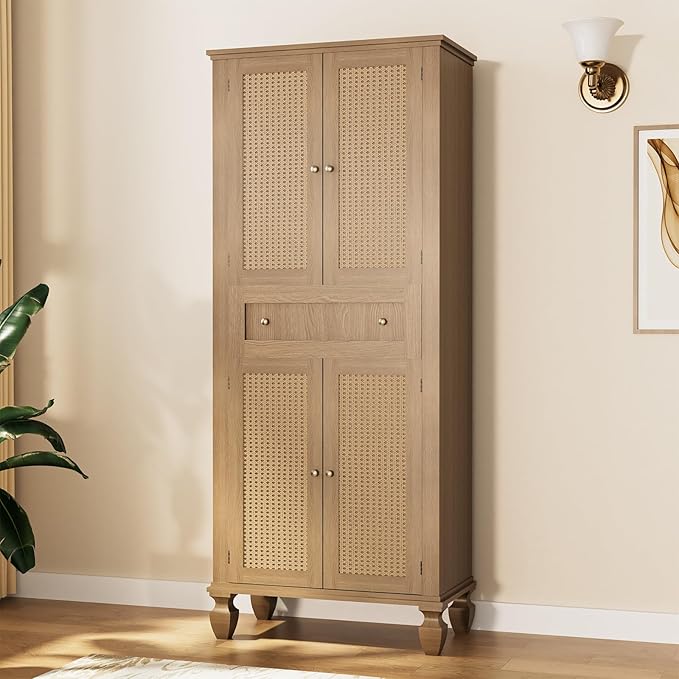 72 inch Kitchen Pantry Storage Cabinet, Freestanding Pantry Cabinet, Tall Cabinets with Doors and Shelves,Freestanding Cupboard with Adjustable Shelves for Dining Room，Natural