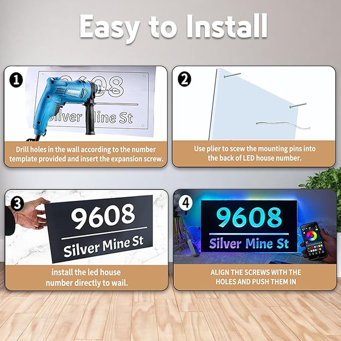 Custom Solar Address Sign for Outside, LED Backlit House Number Sign, Personalized Waterproof Metal Address Plaque, Illuminated Lighted House Numbers for Home