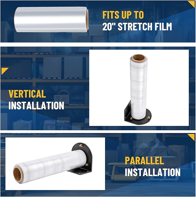 Wall Mountable Stretch Film Roll Stand, Fits up to 20" Stretch Film, Shrink Wrap Dispenser Holder Bracket with 7 Screws for Industry Manufacturing Logistics Retail, Shrink Wrap Not Included