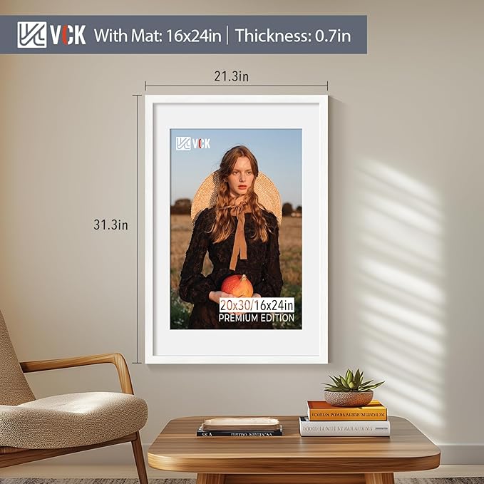 VCK 20x30 Poster Frame White - 5 Pack, Solid Wood Picture Frame | Matted to 16x24 or 20x30 without Mat | Textured Exclusive | Wall Mounting Hanging