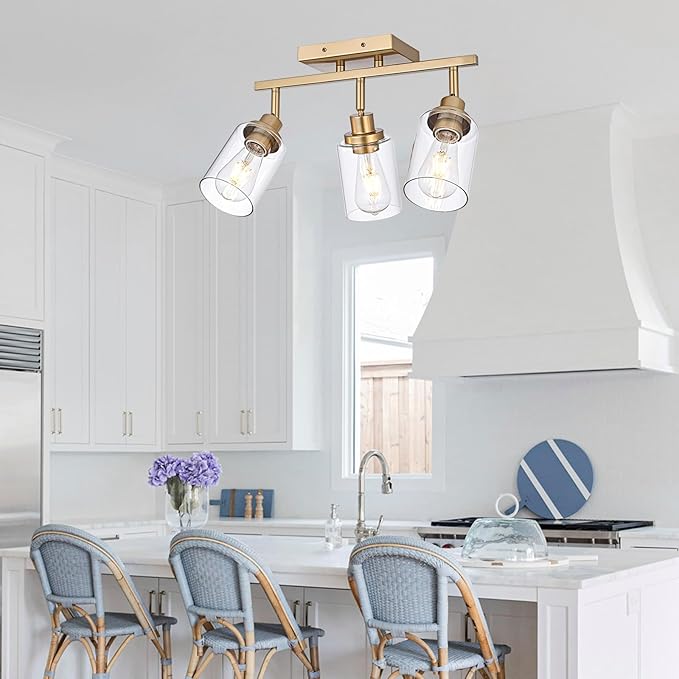 3-Light Gold Tracking Lights, Multi-Directional Rotating Ceiling Tracking Lighting Fixture with Clear Glass, Modern Bathroom Ceiling Vanity Lights Track Lighting Kits for Kitchen Accent Shop