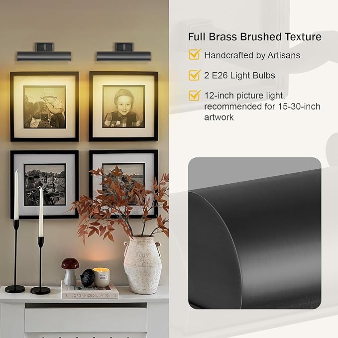 Picture Light 12" Black Picture Lights for Wall 2-Light Bronze Picture Frame Light Dimmable Art Gallery Light Accent Lighting Bathroom Wall Sconce for Artwork Poster Portrait Display