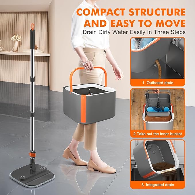 KZKR Upgraded Spin Mop and Bucket Set, Separate Clean and Dirty Water System, 360° Foldable Square Mop Head with Washable Microfiber Mops Pad, Detachable Bucket for Home Floor Cleaning
