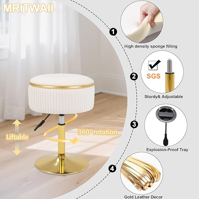 Adjustable Vanity Stool with Storage, 360° Swivel Makeup Stool Chair Small Velvet Round Ottoman with Gold Base for Bedroom (Beige)