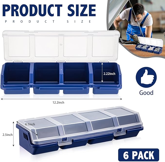 Hushee 6 Pcs Screw Organizer Box with Lid 4 Compartments Tool Bin Divider Plastic Stackable Hardware Organizer Small Part Storage Sorting Screw Box for Garage Workbench Craft Storage (Blue)