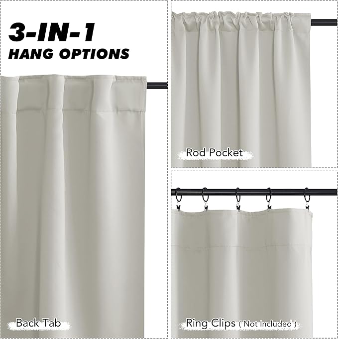 KGORGE 63 inch Curtains 2 Panel Set, Privacy Thermal Insulation Noise Reducing Light Filtering Drapes for Kids Room Nusery Office, Back Tab Rod Pocket, W52 x L63 inches, Nature