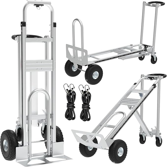 Aluminum Convertible Hand Truck, 800lbs 3 in 1 Folding Dolly Cart Lightweight Frame,Heavy Duty Industrial Platform Cart Handtruck for Construction, Logistics, Shopping, Home, Office Moving (Silver)