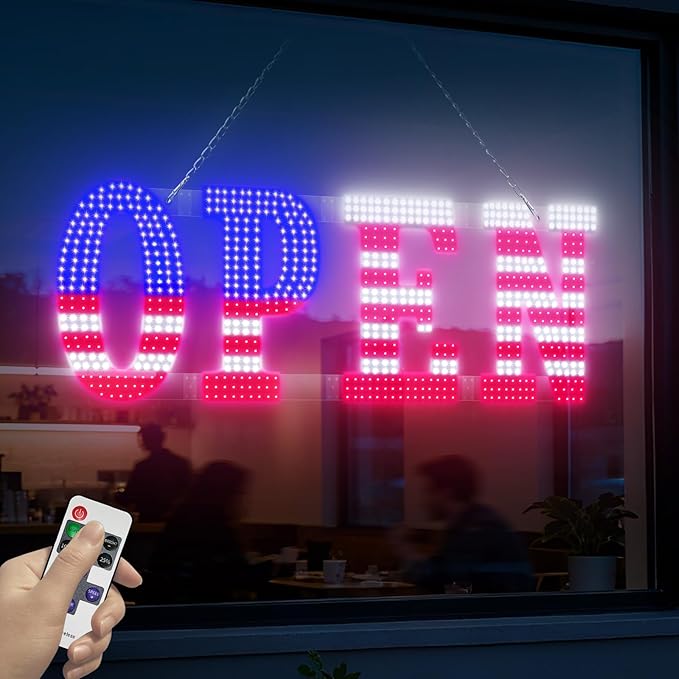 30" x 10" American Flag LED OPEN Sign with Remote Control, Dimmable Brightness, Flash Modes & Speed, Easy Hang Plug-in Storefront Window Sign for Shop, Bar, Salon