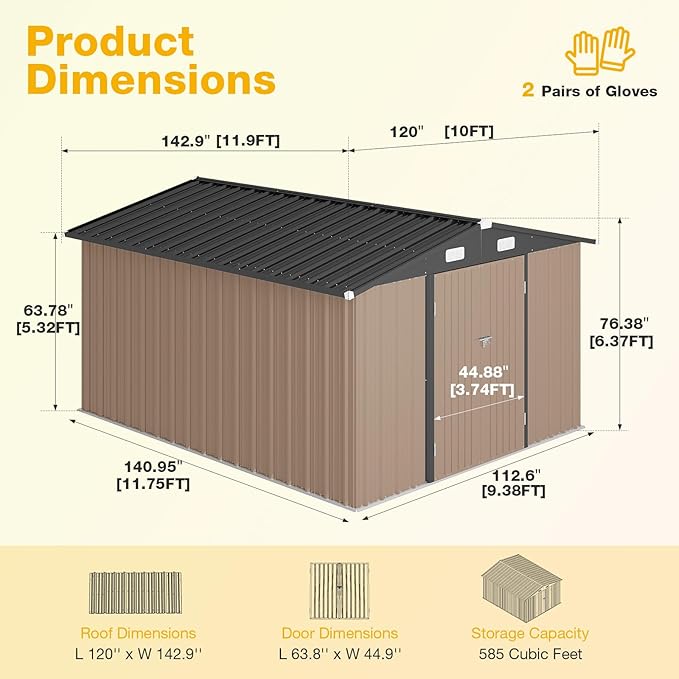 10x12 FT Outdoor Storage Shed with Floor Foundation & Lockable Double Doors, Heavy-Duty Galvanized Steel Outdoor Metal Shed for Bike, Tool Storage in Backyard, Patio (10’x12’, Floor Base)