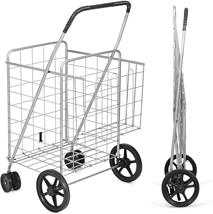 Goplus Jumbo Folding Shopping Cart with Rolling Swivel Wheels, Foldable Grocery Cart on Wheels with Double Basket, Heavy Duty Utility Cart, Shopping Carts for Groceries Laundry Book Luggage Travel
