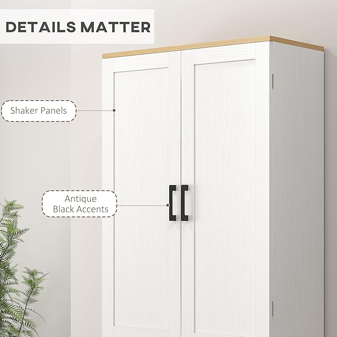 HOMCOM 67" Freestanding Kitchen Pantry, 4-Door Storage Cabinet Organizer with Adjustable Shelves, Kitchen Cabinet with Doors and Shelves, Distressed White