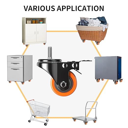 2 Inch Caster Wheels, Threaded Stem Casters Set of 4 Heavy Duty, 1/4"-20x1 (Screw Diameter 1/4", Stem Length 1"), Safety Dual Locking Industrial Castors, Wheels for Cart, Furniture