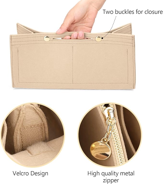 LEXSION Felt Purse Organizer Insert,Handbag Organizer with Detachalbe Zipper Pocket for ONTHEGO PM,3 Size 8034 Beige Small