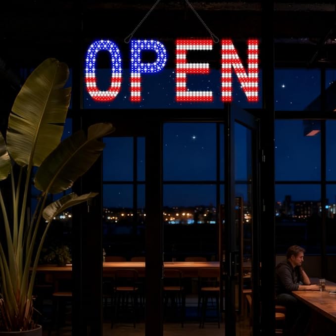 LED Open Signs for Business, exTopGoal 30"x10" Bright Dimmable Open Sign with Remote and 12 Scene Modes, Light Window Sign for Store Shop Storefront Bar Cafes - US Flag