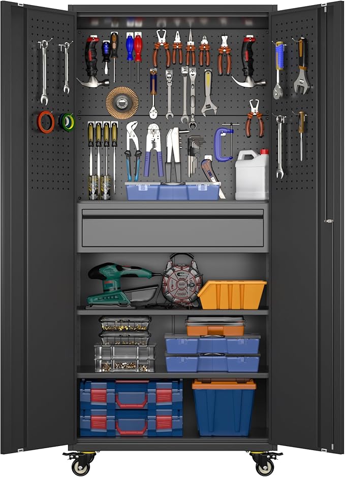 Metal Storage Cabinet with Drawers, Locking Garage Tool Cabinets on Wheels with Pegboards and Hooks for Warehouse Homes, Offices, Assembly Required(Black)