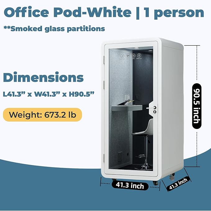 Mobile Office Pod Booth, Solo Soundproof Pod Acoustic Panels, Sound Pod Silent Ventilation, Wheels and Feet, Built-in Table, LED Lighting System, USB Ports White/Smoked Glass