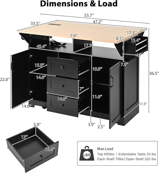 Merax 55.7" Upgraded Large Kitchen Cart Island on Wheels with 2 Drop Leaf,Power Outlet,3 Drawers,Wood Frame Storage Cabinet